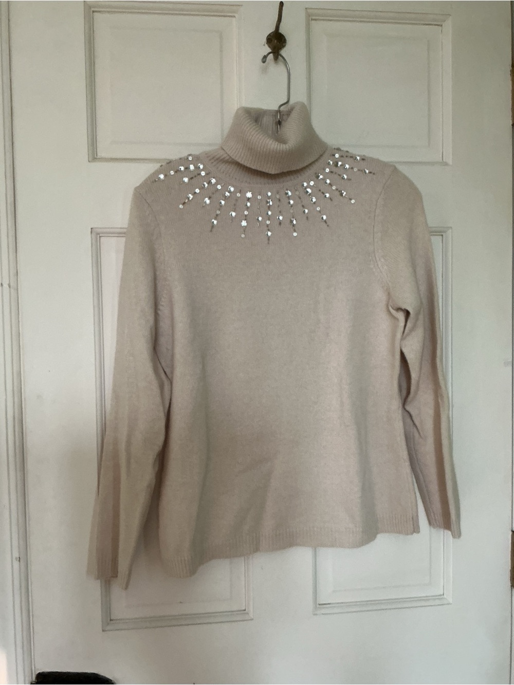 LOFT Cream Turtleneck Sweater with Sequin Neckline
